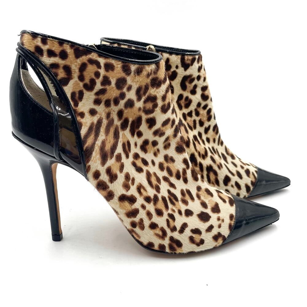 Jimmy Choo‎ Leopard Booties Patent Leather Cap Toe Heel Pointed Sz 37.5 / 7.5